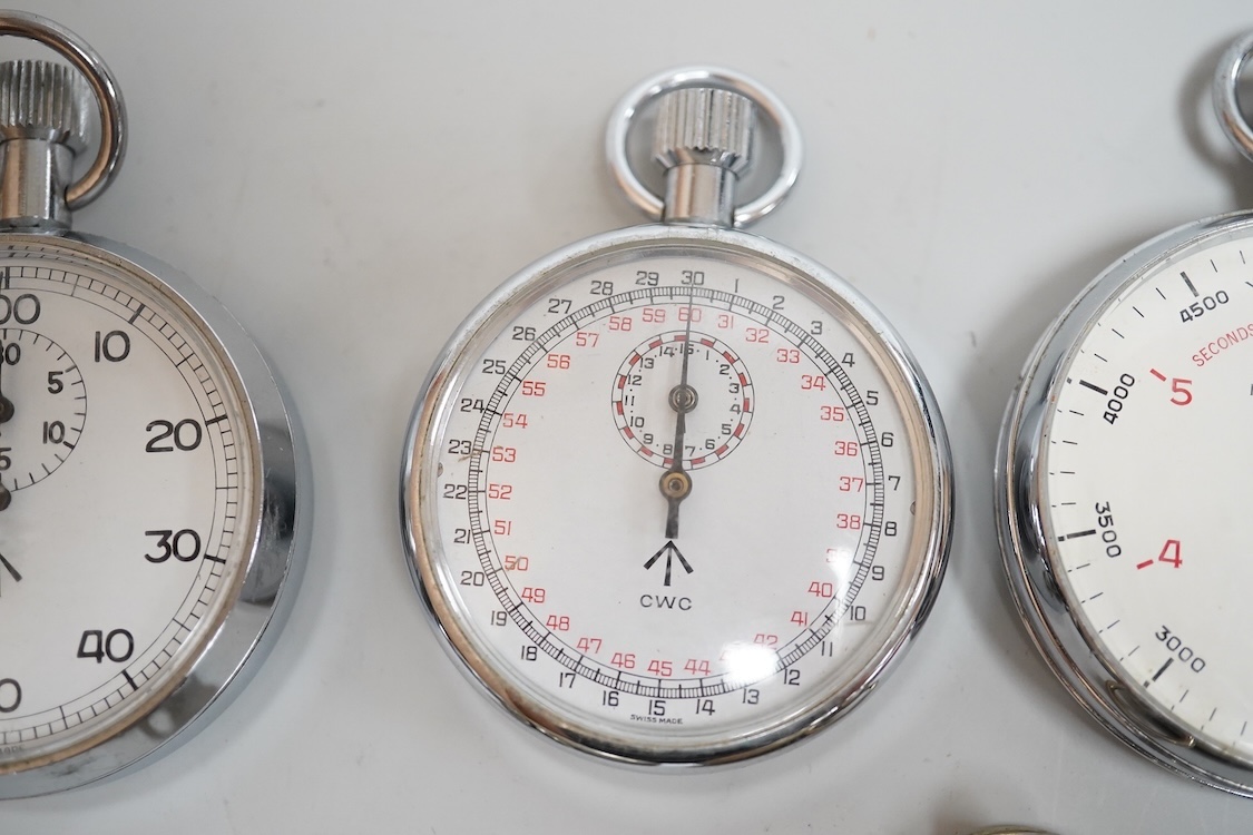 Seven assorted mainly late 20th century base metal cased military stopwatches, including three CWC and a Nero Lemania.